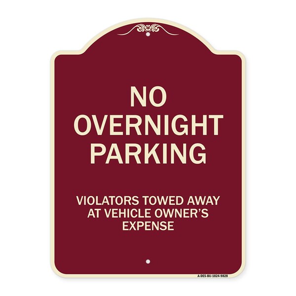 Designer Series-No Overnight Parking, Burgungy Heavy-Gauge Aluminum, 24" x 18", BU-1824-9828